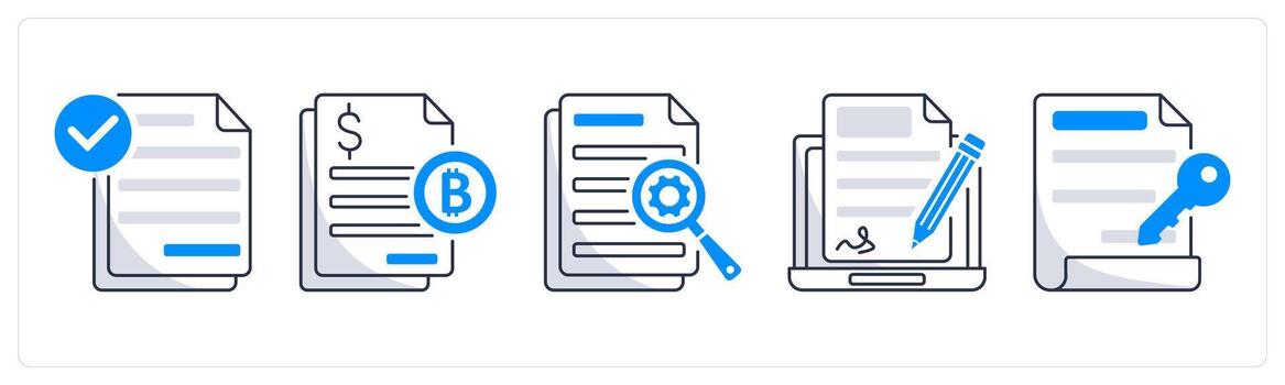 A set of 5 bitcoin icons as smart contract, tax, data vector