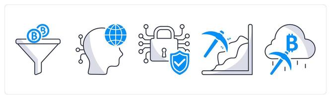 A set of 5 bitcoin icons as converting, digital native, confidential vector