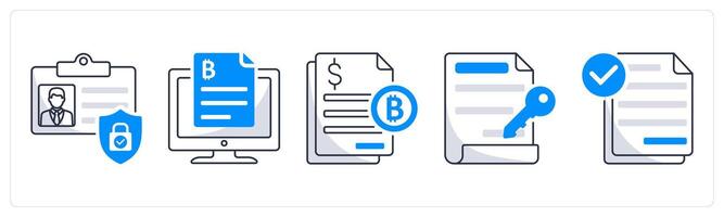 A set of 5 bitcoin icons as id protection, digital contract, tax vector