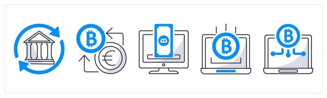 A set of 5 bitcoin icons as bank transfer, money exchange, crowdfunding platform vector