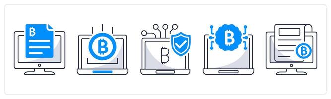 A set of 5 bitcoin icons as digital contract, online income, secure payment gateway vector