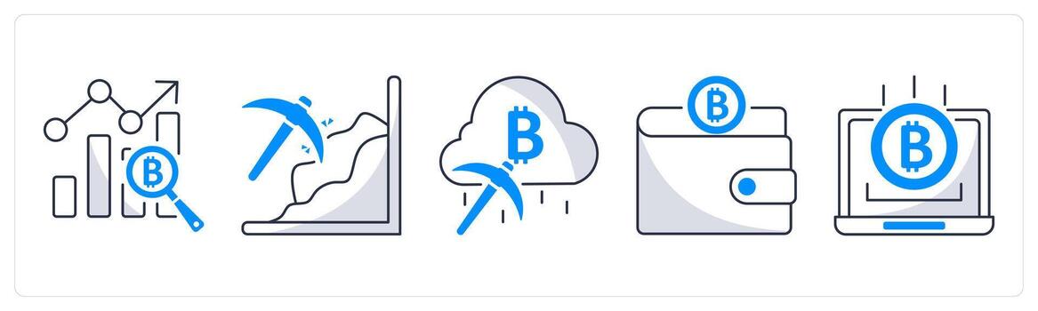 A set of 5 bitcoin icons as benchmark, mining, cloud mining vector