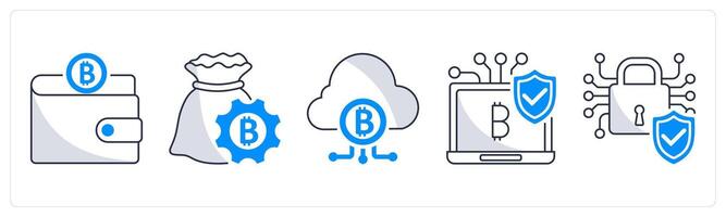 A set of 5 bitcoin icons as wallet, finance management, fintech industry vector