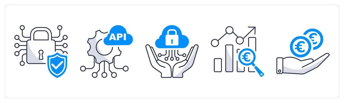 un conjunto de 5 5 euro íconos como confidencial, API, Regtech vector