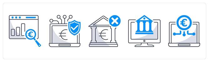 A set of 5 Euro icons as financial data analytics, secure payment gateway, underbanked vector