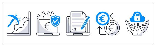 A set of 5 Euro icons as mining, secure payment gateway, electronic signature vector