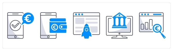 A set of 5 Euro icons as mobile payment, digital wallet, website launch vector