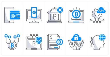 A set of 10 bitcoin icons as digital wallet, crowdfunding platform, underbanked vector
