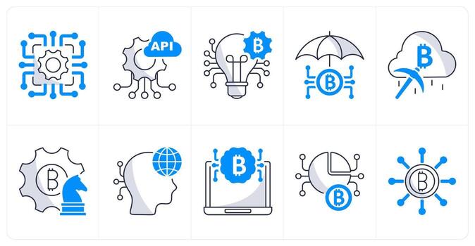 A set of 10 bitcoin icons as technology, api, dispurtive innovation vector