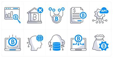 A set of 10 bitcoin icons as financial data analytics, underbanked, bitcoin technology vector