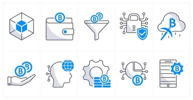 A set of 10 bitcoin icons as blockchain, wallet, converting vector