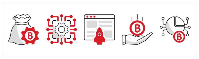 A set of 5 bitcoin icons as financial management, technology, website launch vector