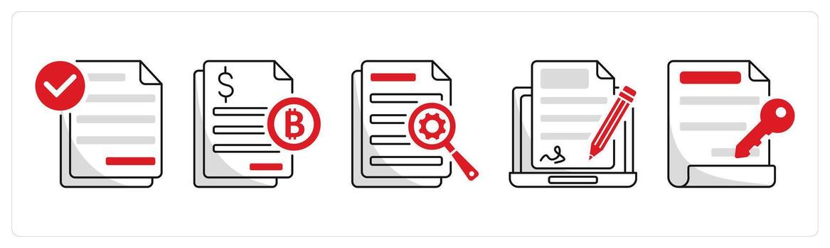 A set of 5 bitcoin icons as smart contract, tax, data vector