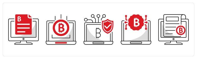 A set of 5 bitcoin icons as digital contract, online income, secure payment gateway vector