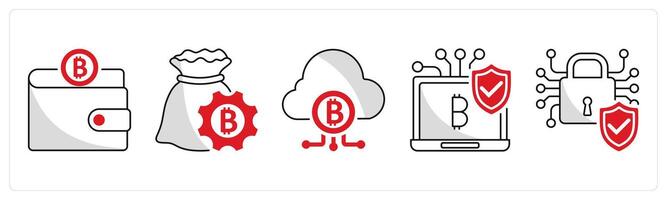 A set of 5 bitcoin icons as wallet, finance management, fintech industry vector