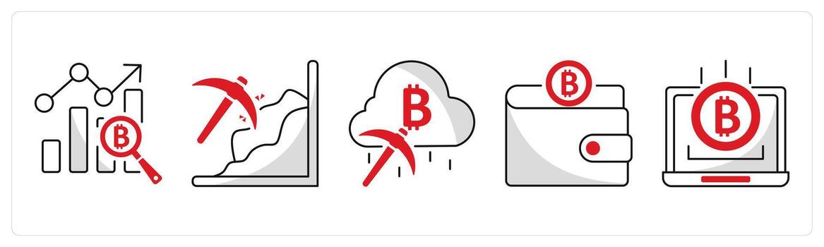 A set of 5 bitcoin icons as benchmark, mining, cloud mining vector