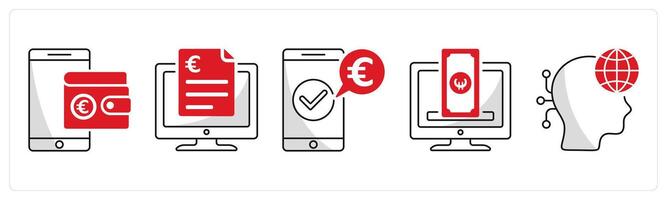 A set of 5 Euro icons as digital wallet, digital contract, mobile payment vector