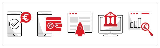 A set of 5 Euro icons as mobile payment, digital wallet, website launch vector