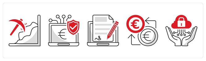 A set of 5 Euro icons as mining, secure payment gateway, electronic signature vector