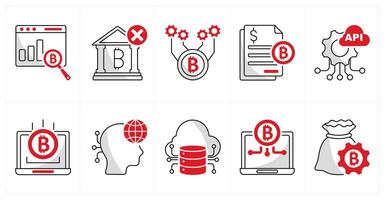 A set of 10 bitcoin icons as financial data analytics, underbanked, bitcoin technology vector