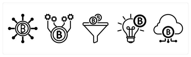 A set of 5 bitcoin icons as crowdfunding, bitcoin technology, converting vector