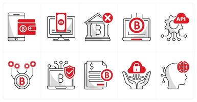 A set of 10 bitcoin icons as digital wallet, crowdfunding platform, underbanked vector