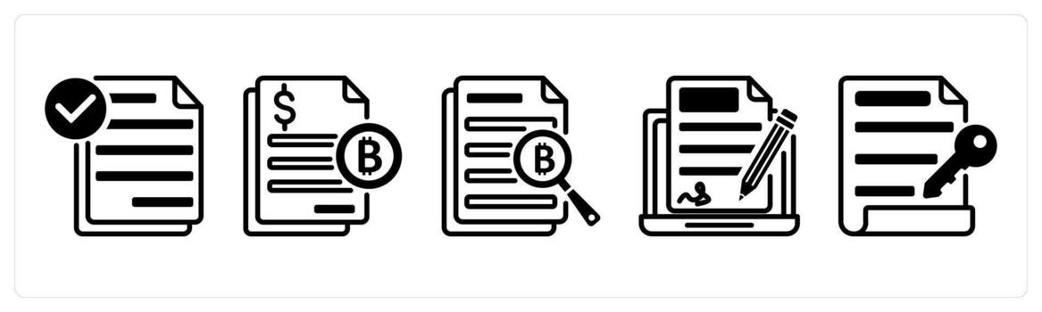A set of 5 bitcoin icons as smart contract, tax, data vector