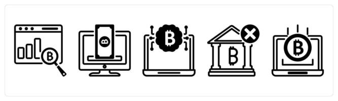 A set of 5 bitcoin icons as financial data analytics, crowdfunding platform, cognitive computing vector
