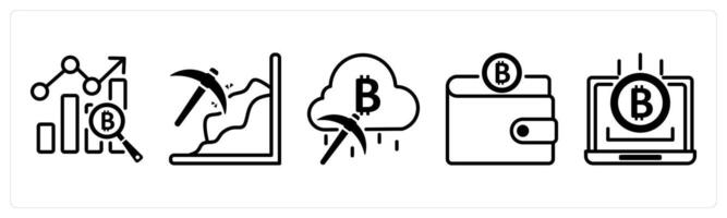 A set of 5 bitcoin icons as benchmark, mining, cloud mining vector