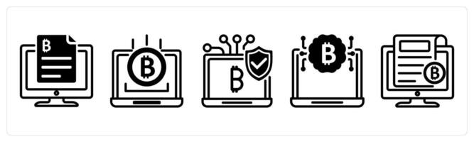 A set of 5 bitcoin icons as digital contract, online income, secure payment gateway vector