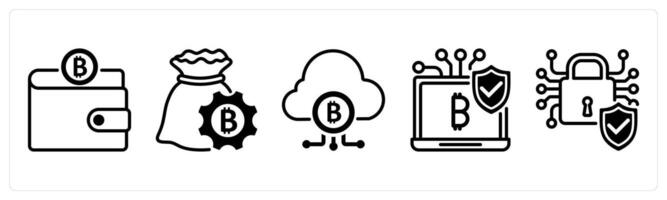 A set of 5 bitcoin icons as wallet, finance management, fintech industry vector