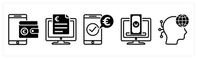 A set of 5 Euro icons as digital wallet, digital contract, mobile payment vector