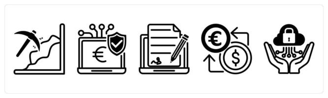 A set of 5 Euro icons as mining, secure payment gateway, electronic signature vector
