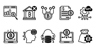 A set of 10 bitcoin icons as financial data analytics, underbanked, bitcoin technology vector
