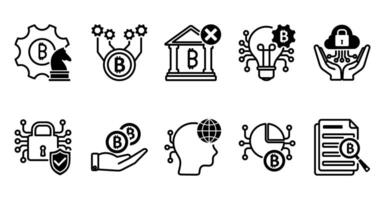 A set of 10 bitcoin icons as strategy, bitcoin technology, underbanked vector