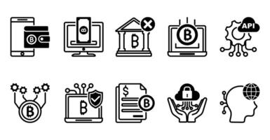 A set of 10 bitcoin icons as digital wallet, crowdfunding platform, underbanked vector