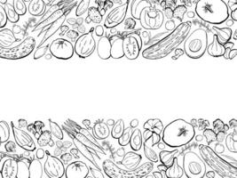 Vegetarian Food Template with Doodle Vegetables on White Background. Outline Illustration Top View vector