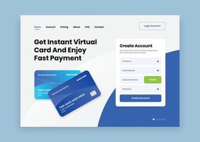 Minimalist finance and bank website header with registration form and card illustration vector