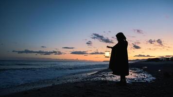 Solitary Figure Hunts for Answers At Sunset Shore photo