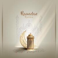 islamic greetings ramadan kareem card design with unique lanterns and crescent moon vector