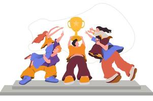 illustration of teamwork to achieve goals, trophy as a symbol of success and height. flat illustration design vector