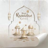 islamic greetings ramadan kareem card design with white lanterns vector