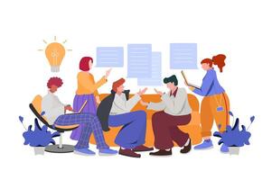 illustration of workers sitting at a discussion table and giving collective thoughts and brainstorming, company information analysis, flat illustration design vector