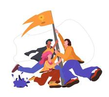 illustration of teamwork to achieve goals, flag as a symbol of success and height. flat illustration design vector