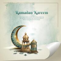 islamic greetings ramadan kareem card design with crescent moon and gold lanterns vector