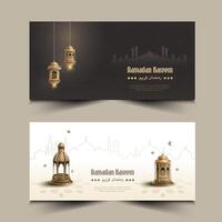 Set of islamic greetings ramadan kareem card design with beautiful lanterns vector