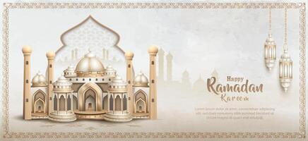 islamic greetings ramadan kareem card design with beautiful mosque and lanterns vector