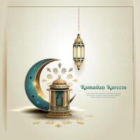 islamic greetings ramadan kareem card design with crescent and lanterns vector