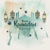 Islamic greetings ramadan kareem card design with beautiful lanterns and grunge background vector