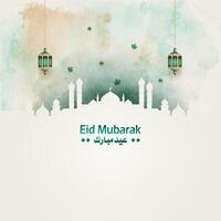 Islamic greetings eid mubarak card design with lantern and grunge background vector
